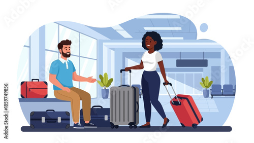 Diverse travelers with suitcases anticipating departure in a bright, modern transit hub