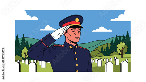 Modern vector illustration of soldier saluting, respectful military service and honor concept ideal for remembrance and ceremonial visuals