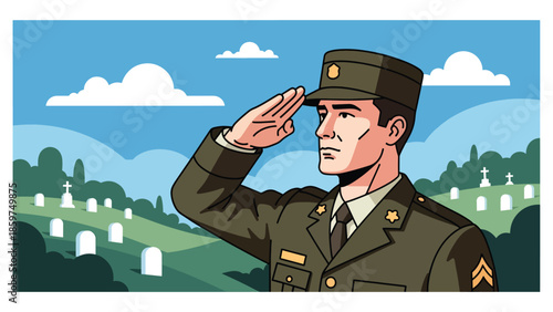 Modern vector illustration of soldier saluting, respectful military service and honor concept ideal for remembrance and ceremonial visuals