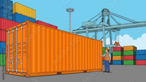 Global shipping logistics worker inspecting cargo container at busy international port terminal