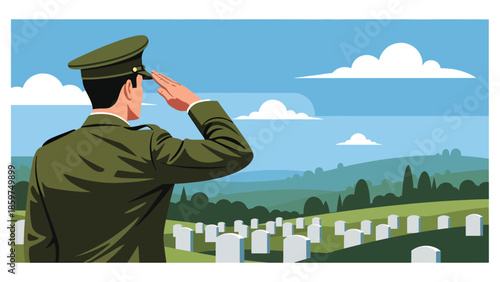 Modern vector illustration of soldier saluting, respectful military service and honor concept ideal for remembrance and ceremonial visuals