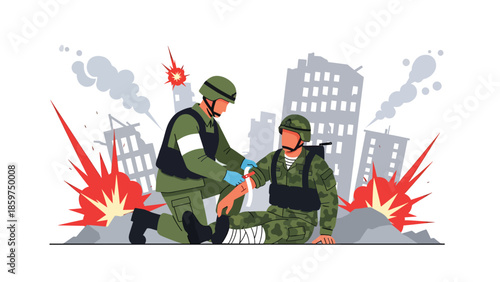Modern vector illustration of military medic providing first aid, humanitarian support role ideal for medical, rescue, and defense assistance concepts