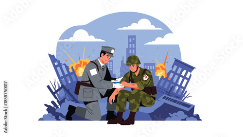 Modern vector illustration of military medic providing first aid, humanitarian support role ideal for medical, rescue, and defense assistance concepts