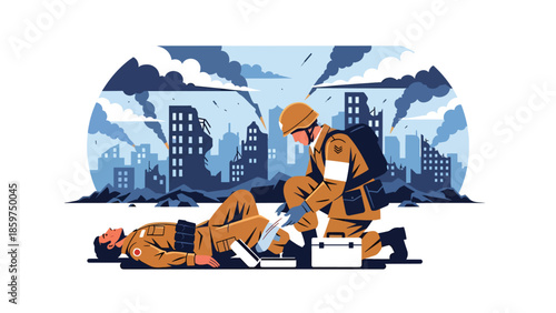 Modern vector illustration of military medic providing first aid, humanitarian support role ideal for medical, rescue, and defense assistance concepts