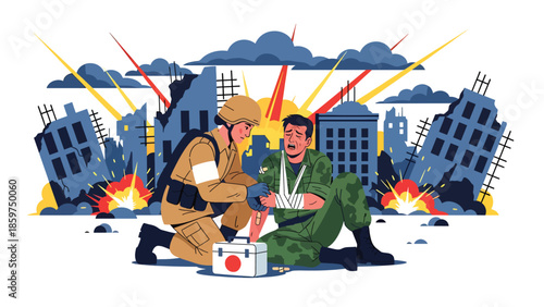 Modern vector illustration of military medic providing first aid, humanitarian support role ideal for medical, rescue, and defense assistance concepts