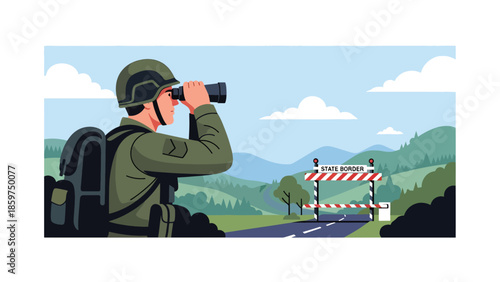 Modern vector illustration of soldier observing with binoculars, ideal for surveillance, border security, and military monitoring concepts