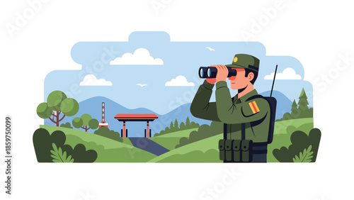 Modern vector illustration of soldier observing with binoculars, ideal for surveillance, border security, and military monitoring concepts