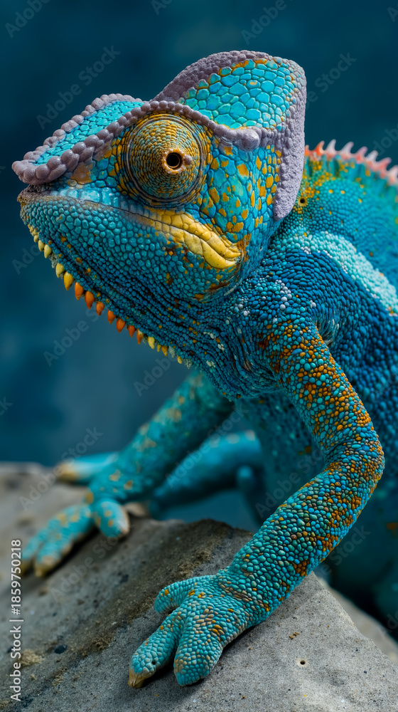 Fototapeta premium A vividly colored multicolored lizard with a large eye and a blue head sitting on a rock
