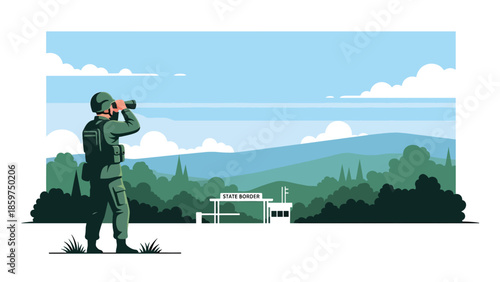 Modern vector illustration of soldier observing with binoculars, ideal for surveillance, border security, and military monitoring concepts