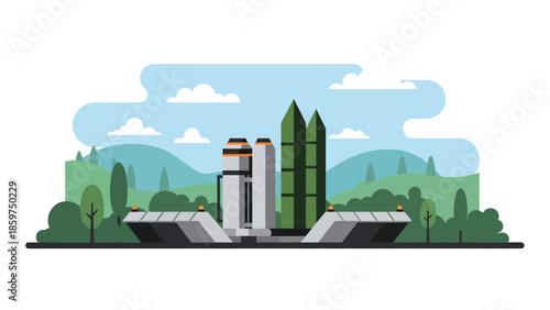 Modern vector illustration of missile defense system installation, ideal for defense technology, infrastructure, and national security visuals