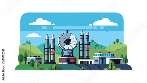 Modern vector illustration of missile defense system installation, ideal for defense technology, infrastructure, and national security visuals