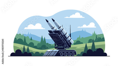 Modern vector illustration of missile defense system installation, ideal for defense technology, infrastructure, and national security visuals