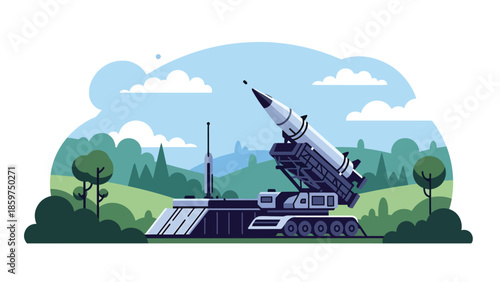 Modern vector illustration of missile defense system installation, ideal for defense technology, infrastructure, and national security visuals