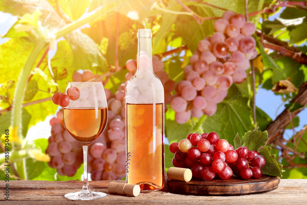 Obraz premium Wine in bottle and glass, fresh grapes, corkscrew on table in vineyard