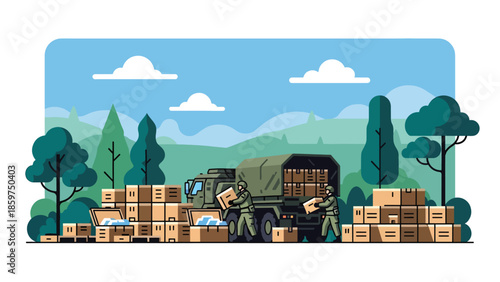 Modern vector illustration of military logistics with supply crates and transport vehicles, ideal for defense supply chain and operations concepts