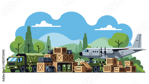 Modern vector illustration of military logistics with supply crates and transport vehicles, ideal for defense supply chain and operations concepts