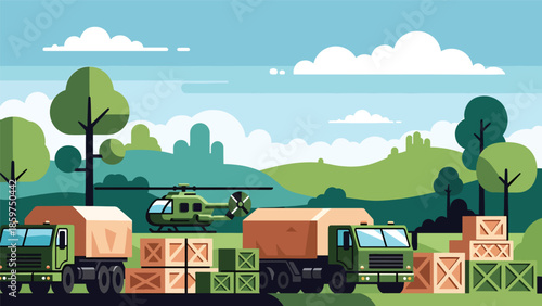 Modern vector illustration of military logistics with supply crates and transport vehicles, ideal for defense supply chain and operations concepts
