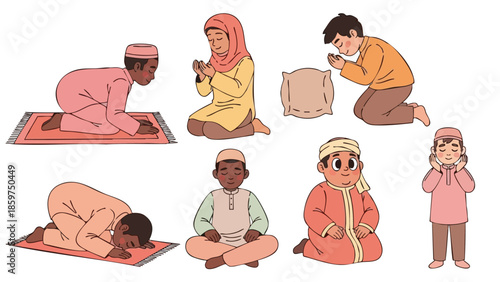 Diverse children performing Islamic prayer positions and gestures in colorful traditional clothing vector illustration 