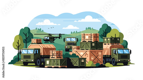 Modern vector illustration of military logistics with supply crates and transport vehicles, ideal for defense supply chain and operations concepts