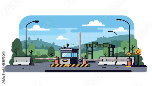 Modern vector illustration of military checkpoint with barriers and guard post, ideal for border security, safety, and defense control concepts