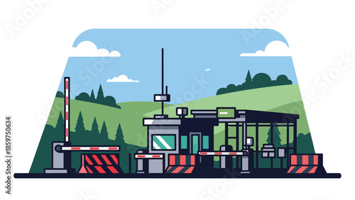 Modern vector illustration of military checkpoint with barriers and guard post, ideal for border security, safety, and defense control concepts