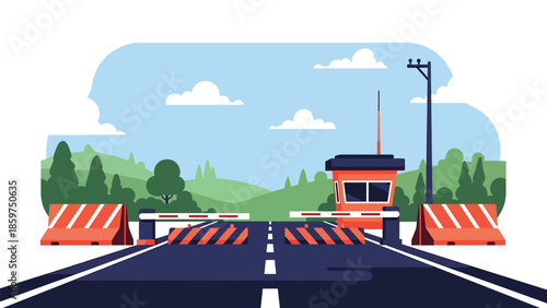 Modern vector illustration of military checkpoint with barriers and guard post, ideal for border security, safety, and defense control concepts