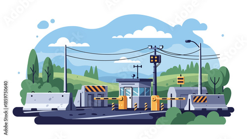 Modern vector illustration of military checkpoint with barriers and guard post, ideal for border security, safety, and defense control concepts