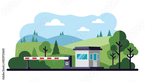 Modern vector illustration of military checkpoint with barriers and guard post, ideal for border security, safety, and defense control concepts