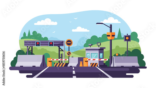 Modern vector illustration of military checkpoint with barriers and guard post, ideal for border security, safety, and defense control concepts