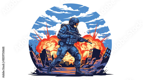 Modern vector illustration of soldier wearing protective gear and helmet, ideal for safety, preparedness, and defense readiness concepts