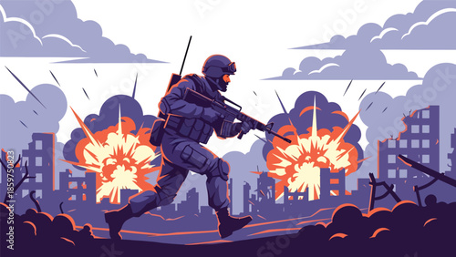 Modern vector illustration of soldier wearing protective gear and helmet, ideal for safety, preparedness, and defense readiness concepts