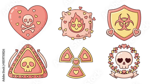 Poison and hazard symbols in heart shapes with skull icons and flame elements vector illustration design 