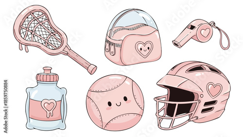 Pink Lacrosse Equipment Set with Ball, Helmet, Whistle, Bottle, and Bag Vector Illustration 