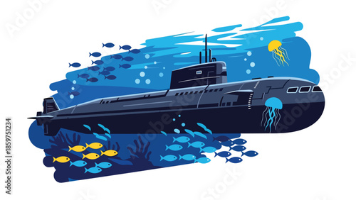 Modern vector illustration of military submarine underwater, ideal for naval defense, maritime security, and underwater technology concepts