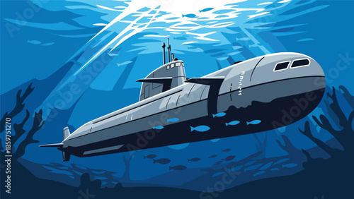 Modern vector illustration of military submarine underwater, ideal for naval defense, maritime security, and underwater technology concepts