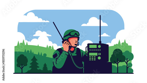 Modern vector illustration of soldier using radio communication equipment, ideal for military coordination, communication, and security concepts
