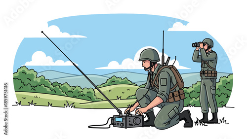 Modern vector illustration of soldier using radio communication equipment, ideal for military coordination, communication, and security concepts