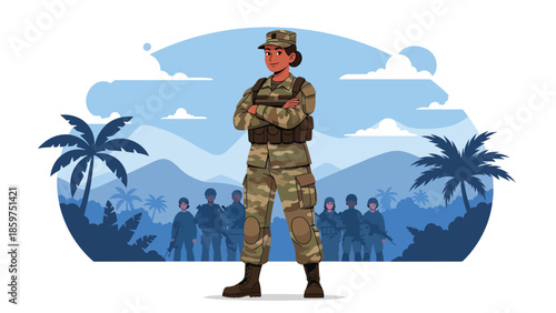 Modern vector illustration of female soldier in uniform, diversity and inclusion concept ideal for modern military service and defense visuals
