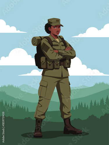 Modern vector illustration of female soldier in uniform, diversity and inclusion concept ideal for modern military service and defense visuals