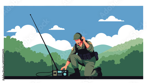 Modern vector illustration of soldier using radio communication equipment, ideal for military coordination, communication, and security concepts