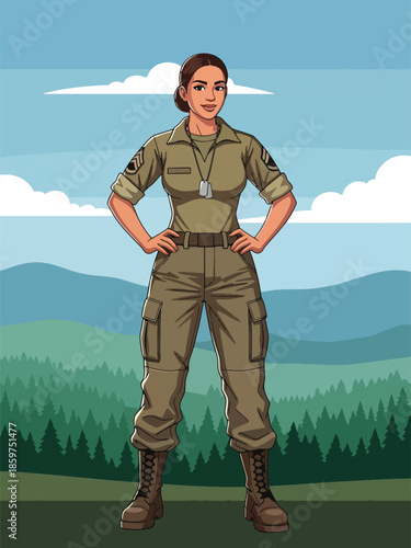 Modern vector illustration of female soldier in uniform, diversity and inclusion concept ideal for modern military service and defense visuals