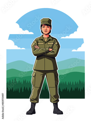 Modern vector illustration of female soldier in uniform, diversity and inclusion concept ideal for modern military service and defense visuals