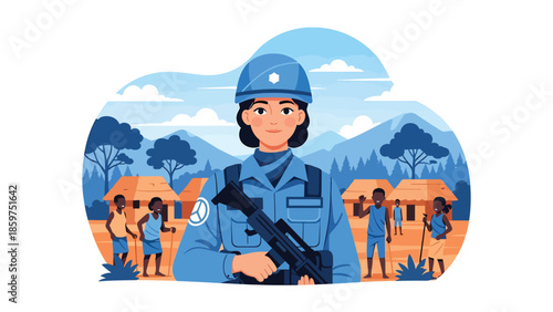Modern vector illustration of peacekeeping soldier in neutral stance, ideal for international security, humanitarian missions, and defense cooperation visuals