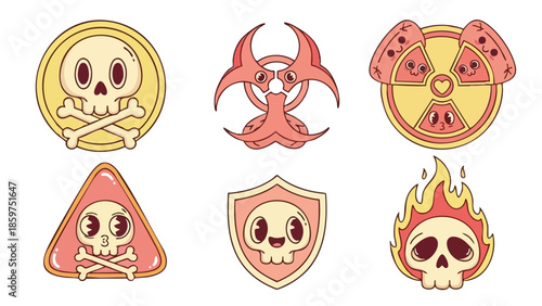 Skull and biohazard hazard symbols with radioactive and fire warning signs vector illustration in pastel colors 