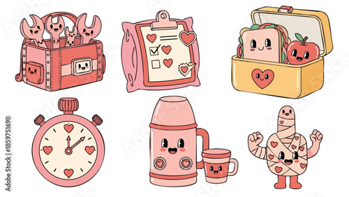 Cute pink kitchen appliances and food characters vector set with heart details for cooking and dining illustration 