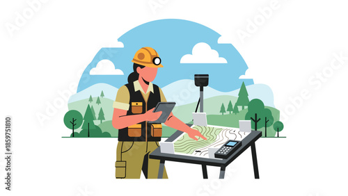 Modern vector illustration of mining exploration survey with geologist and mapping equipment, ideal for mineral exploration and industry presentations