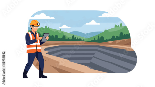 Modern vector illustration of mining worker using tablet and protective gear, ideal for smart mining, digital transformation, and industry innovation visuals