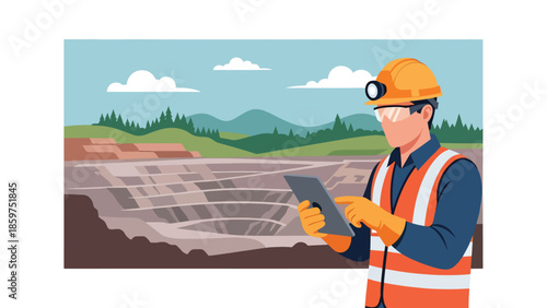 Modern vector illustration of mining worker using tablet and protective gear, ideal for smart mining, digital transformation, and industry innovation visuals