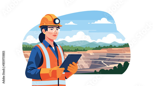 Modern vector illustration of mining worker using tablet and protective gear, ideal for smart mining, digital transformation, and industry innovation visuals