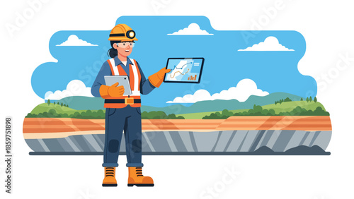 Modern vector illustration of mining worker using tablet and protective gear, ideal for smart mining, digital transformation, and industry innovation visuals